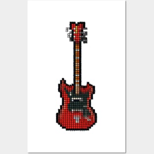 Tiled Pixel Red 8-String Bass Guitar Upright Posters and Art